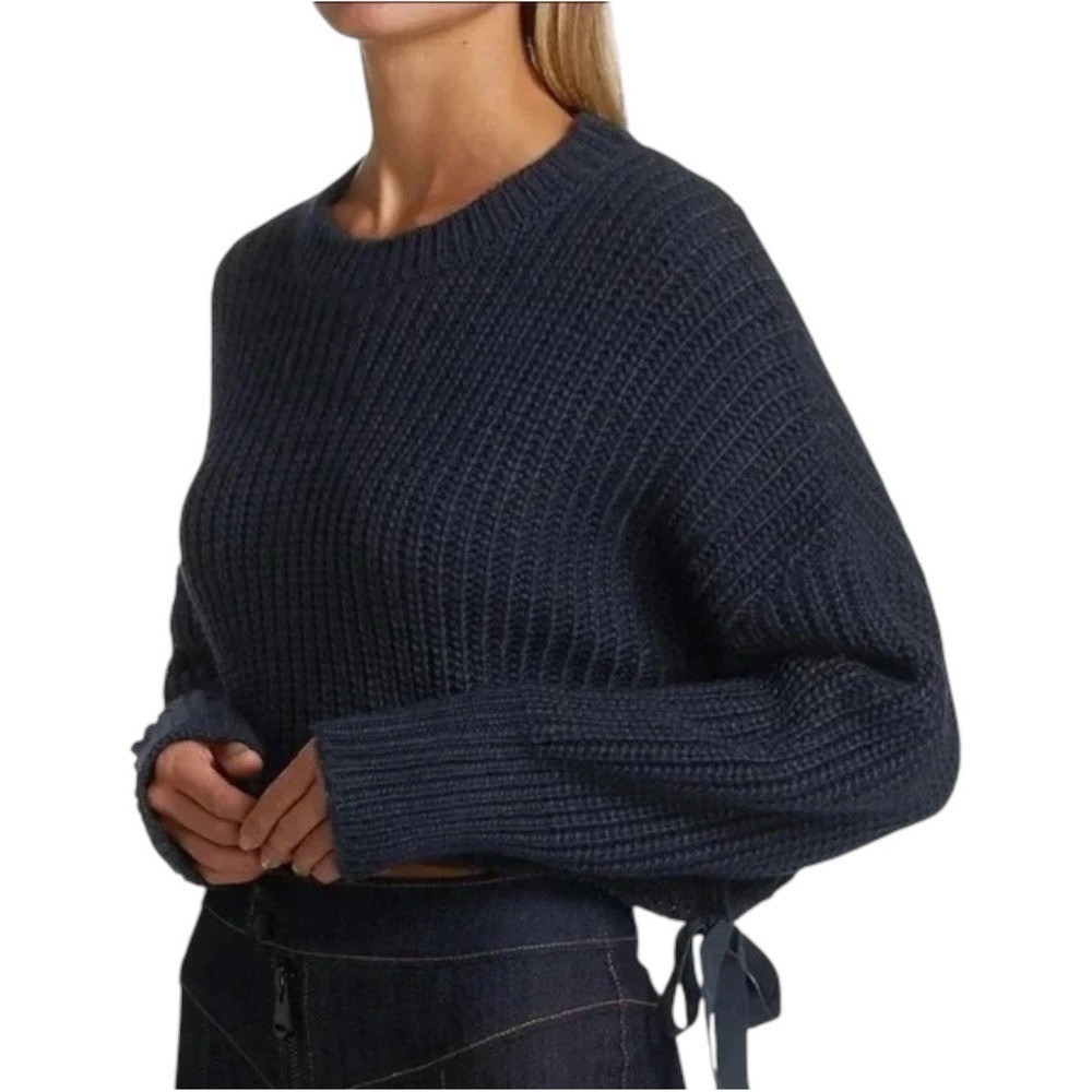 Cinq a Sept Gossip Girl Eddie‎ Knit Tie Side Pullover Cropped Sweater Navy XS